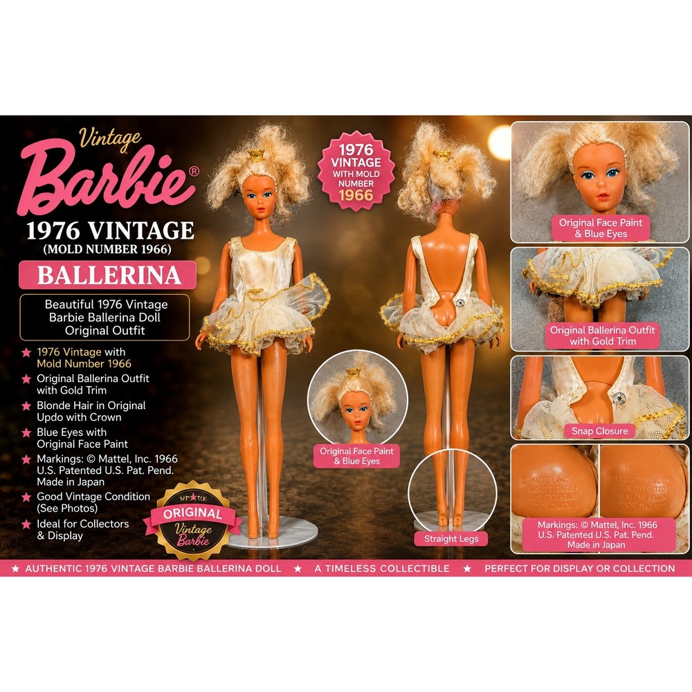 Vintage 1976 Mattel Ballerina Barbie Doll Blonde White Tutu Twist N‎ Turn TLC